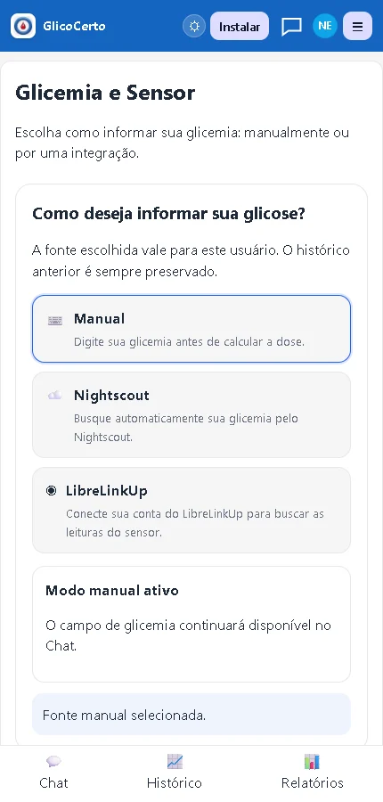 Tela atual de integrações com Manual, Nightscout e LibreLinkUp