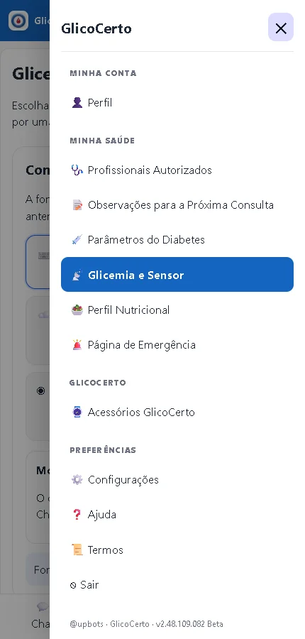 Menu atual com acesso a perfil, saúde, acessórios e configurações